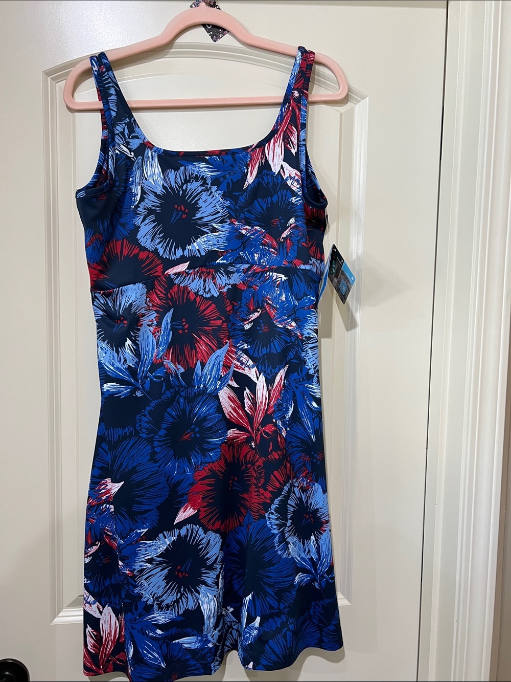 Columbia Navy Blue Floral Tank Dress with Red and Light Blue Accents H246